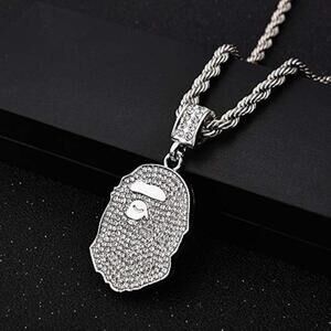 Silver Iced Out Ape Head Pendant Necklace w/ Rope Chain